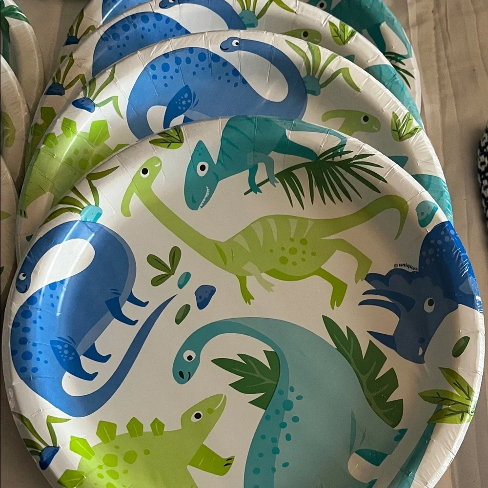 3-2-1 Party! Dinosaur Paper Plates & Napkins - Blue & Green